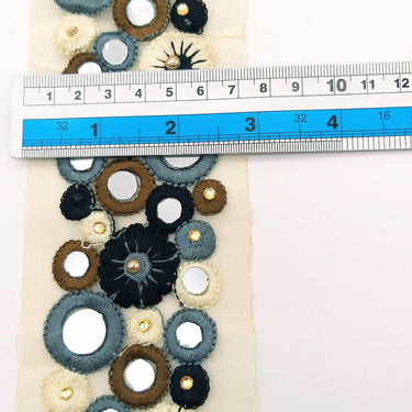 Gold Sheer Tissue Fabric Trim With Grey And Black Circles and Floral Embroidery With Mirror Embellishments, Indian Mirrored Trim